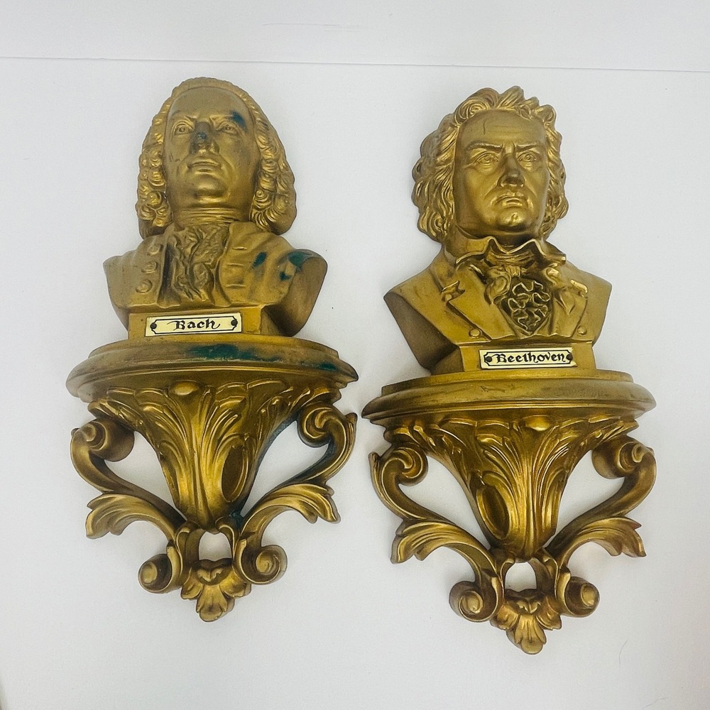 Homco Composer Wall Shelves Busts Gold Bach Beethoven Set of 2 Vintage Good